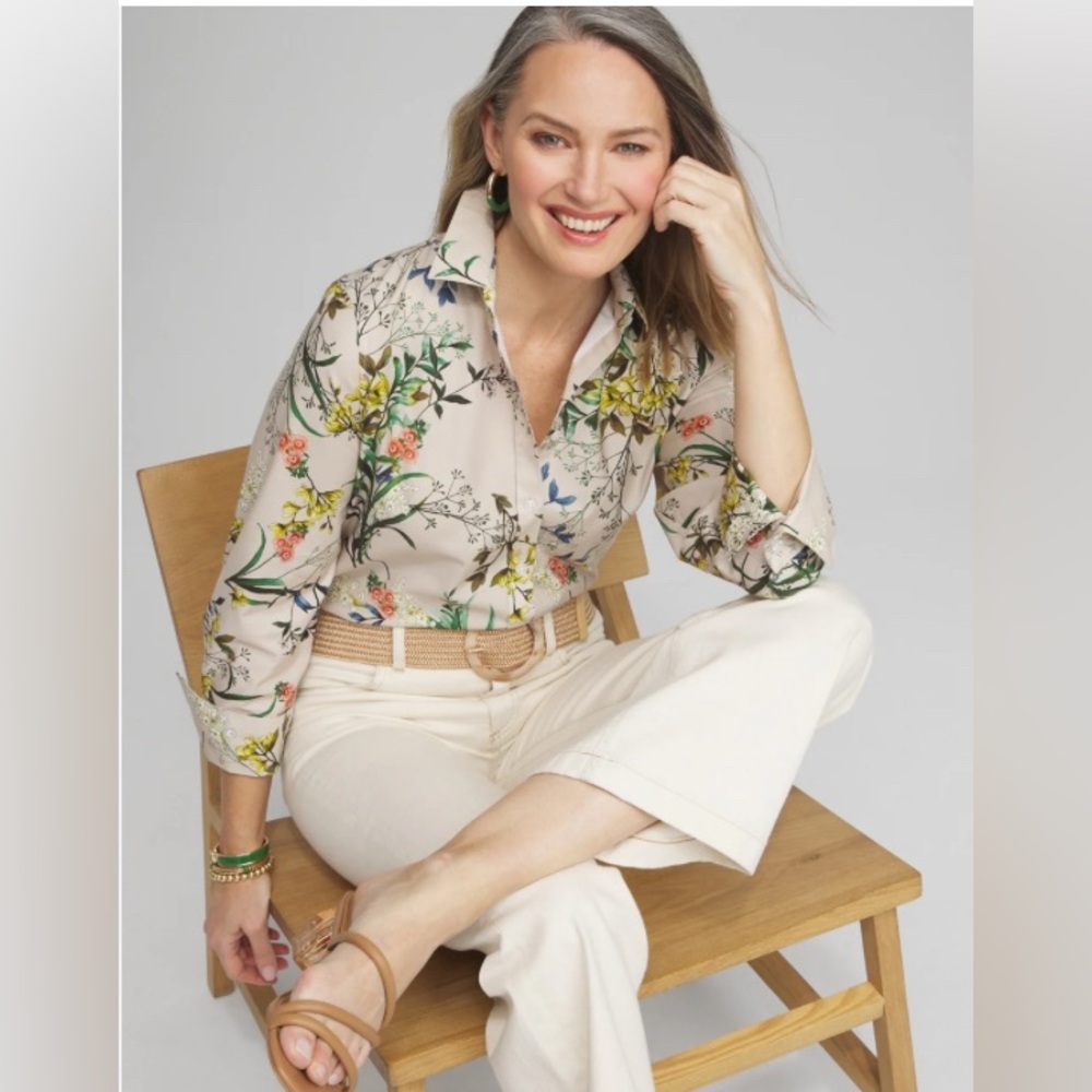 Chico's No Iron Stretch Blooming Wildflower 3/4 Sleeve Oatmeal | NWT